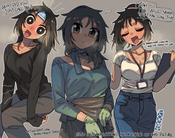 ... 1girl black_shirt blue_pants breasts brown_eyes brown_hair brown_pants cleavage clipboard closed_eyes collarbone commentary english_commentary english_text ergot fang gloves green_gloves green_shirt grey_background gun handgun head_tilt holding holding_clipboard holding_gun holding_weapon lanyard looking_at_viewer medium_breasts medium_hair multiple_views open_mouth original outline pants ponytail shirt sitting speech_bubble spoken_ellipsis standing steam sweatdrop tina_(ergot) weapon white_outline white_shirt wide-eyed