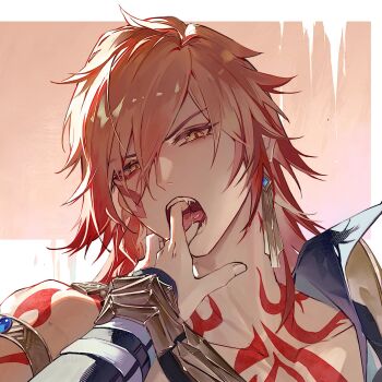 2boys arm_tattoo armlet armor black_coat blonde_hair braid chest_tattoo clawed_gauntlets coat earrings facial_tattoo finger_to_another&#039;s_mouth gold_earrings gradient_hair hashtag-only_commentary highres holding_another&#039;s_wrist honkai:_star_rail honkai_(series) jewelry luuuuuucao22811 male_focus medium_hair multicolored_hair multiple_boys mydei_(honkai:_star_rail) open_clothes open_coat pauldrons phainon_(honkai:_star_rail) red_hair red_tattoo saliva shoulder_armor side_braid single_pauldron tattoo yaoi yellow_eyes