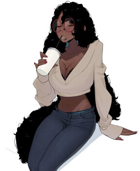 black_hair blue_panties bra bra_peek breasts broccoli_(ohasi) cleavage closed_eyes commentary crop_top cup dark-skinned_female dark_skin denim disposable_cup drink drinking drinking_straw face_piercing fingernails freckles glasses hair_between_eyes holding holding_drink jeans kinky_hair labret_piercing large_breasts lip_piercing long_fingernails long_hair long_sleeves nail_polish navel nose_piercing nostril_piercing ohasi original panties pants panty_peek piercing red-framed_eyewear red_nails round_eyewear simple_background sitting sleeves_past_wrists symbol-only_commentary underwear very_dark_skin very_long_hair white_background