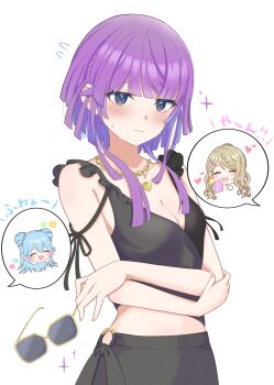 3girls agarie_nagi aqua_hair aziazi014 bikini black_bikini blue_eyes braid braided_bangs breasts brown_hair cellphone chain chain_necklace chibi cleavage closed_eyes closed_mouth commentary_request double_bun flower_hairpin flying_sweatdrops hair_bun hair_ornament hairclip heart highres hirose_miina holding holding_removed_eyewear image_in_speech_bubble jewelry kotomori_airi long_hair multiple_girls necklace phone purple_hair shine_post smartphone sparkle sunglasses sweatdrop swimsuit unworn_eyewear white_background