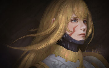 1boy absurdres armor blonde_hair blue_eyes brown_background caesir commentary double-parted_bangs english_commentary expressionless facial_mark final_fantasy final_fantasy_xi highres kam'lanaut long_hair looking_ahead male_focus portrait realistic solo twitter_username