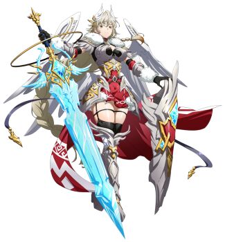 1girl absurdly_long_hair armor armored_boots armored_collar black_dress black_garter_straps black_gloves black_thighhighs blonde_hair boobplate boots bracer braid braided_sidelock breastplate breasts cape cleavage cleavage_cutout closed_mouth clothing_cutout crystal_sword dress elbow_gloves faulds feather_hair_ornament feathers floating_cape floating_clothes floating_hair full_body fur-trimmed_armor fur-trimmed_bracer fur-trimmed_dress fur_trim game_cg garter_straps gloves glowing glowing_weapon gold_trim grenshiel_(langrisser) hair_between_eyes hair_ornament high_heel_boots high_heels highres holding holding_shield holding_weapon huge_weapon knight langrisser langrisser_mobile large_breasts long_hair long_single_sidelock looking_at_viewer mechanical_wings messy_hair multicolored_dress official_art pauldrons red_cape red_dress second-party_source serious shield short_dress shoulder_armor simple_background single_braid single_sidelock solo standing strap sword tachi-e thighhighs transparent_background very_long_hair waist_cape weapon white_feathers white_wings wing_hair_ornament wings yellow_eyes zettai_ryouiki