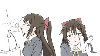 1boy 1girl absurdres blue_eyes brown_hair erection hetero highres love_live! love_live!_nijigasaki_high_school_idol_club osaka_shizuku penis_on_face shizuwonderland slapping_with_penis