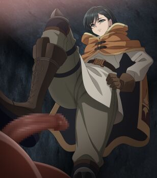 1boy 1girl absurdres bdsm belt bootjob brown_gloves brown_hood censored clothed_female_nude_male commentary_request femdom footjob gloves green_eyes green_hair highres lily_(nier:automata) mosaic_censoring nier:automata nier_(series) nude penis sadism short_hair sirano