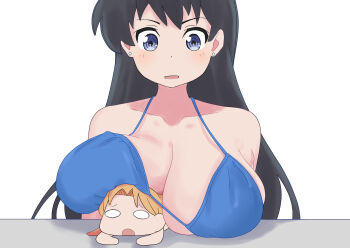 2girls arato_nagi bare_arms bikini black_hair blonde_hair blush breast_rest breasts cleavage closed_mouth collarbone dainaru earrings hair_between_eyes highres huge_breasts jewelry long_hair looking_at_viewer multiple_girls purple_bikini purple_eyes ruri_no_houseki simple_background skindentation smile solo stud_earrings swimsuit tanigawa_ruri undersized_breast_cup upper_body white_background