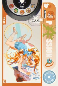 1girl bandana bare_arms bare_shoulders blue_bandana blue_shorts breasts character_name closed_mouth collarbone commentary compass dolphin_shorts feet full_body heart holding holding_pen kithwith_(kith_0121) log_pose long_hair lying map medium_breasts monkey_d._luffy nami_(one_piece) on_stomach one_piece orange_hair pen roronoa_zoro sanji_(one_piece) shorts shoulder_tattoo socks solo stirrup_footwear tank_top tattoo toeless_socks toes toned toned_female usopp white_socks white_tank_top