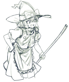 1girl apron broom buttons cowboy_shot greyscale hand_on_own_hip hat hat_ribbon holding holding_broom kirisame_marisa looking_to_the_side medium_hair monochrome open_mouth puffy_short_sleeves puffy_sleeves ribbon short_sleeves sketch skirt spacezin touhou vest witch_hat