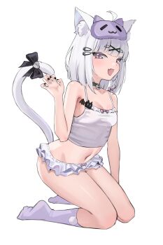 1girl :3 :d absurdres ahoge animal_ear_fluff animal_ears bell black_bow black_choker black_nails blunt_bangs blush bow braid breasts camisole cat_ears cat_girl cat_tail chinese_commentary choker claw_pose commentary_request fake_animal_ears fang frilled_panties frills full_body hair_bow hair_ornament hairclip hand_up heart-shaped_ornament highres jingle_bell kensiejan kneehighs kneeling looking_at_viewer medium_hair midriff nail_polish navel neck_bell no_shoes open_mouth original panties parallel_hairclips pink_bow pom_pom_(clothes) purple_eyes purple_socks simple_background single_braid skin_fang sleep_mask small_breasts smile socks solo straight_hair tail tail_raised thighs underwear underwear_only white_background white_camisole white_hair white_panties