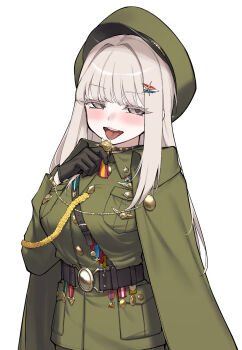 1girl :d alphy belt belt_buckle black_belt black_gloves blush breasts buckle collared_shirt colored_eyelashes commentary_request dress_shirt gloves green_hat green_jacket green_shirt grey_eyes grey_hair hair_intakes half-closed_eyes hand_up hat highres jacket large_breasts long_hair long_sleeves looking_at_viewer medal open_mouth original peaked_cap shirt simple_background smile solo tongue tongue_out very_long_hair white_background