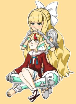 2girls animal_ears arm_guards between_breasts blonde_hair blue_eyes bow breasts charlotte_(fire_emblem) feet fire_emblem fire_emblem_fates fox_ears fox_girl fur_trim garter_belt hair_bow head_between_breasts japanese_clothes long_hair mother_and_daughter multiple_girls nintendo pauldrons sandals selkie_(fire_emblem) short_hair shoulder_armor sitting sitting_on_lap sitting_on_person socks straight_bangs yellow_eyes