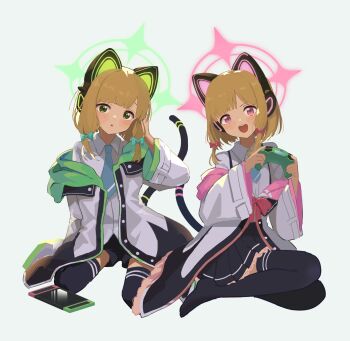 2girls :d :o absurdres animal_ear_headphones animal_ears aqua_bow black_shorts black_skirt black_thighhighs blonde_hair blue_archive blue_necktie blunt_bangs blush bow cat_ear_headphones cat_ears cat_tail collared_shirt controller dot_nose fake_animal_ears game_controller green_background green_eyes green_halo green_jacket hair_bow halo hand_up handheld_game_console hands_up headphones highres holding holding_controller holding_game_controller jacket kgt_(pixiv12957613) looking_at_viewer midori_(blue_archive) momoi_(blue_archive) multicolored_jacket multiple_girls necktie open_mouth parted_lips pink_bow pink_eyes pink_halo pink_jacket pleated_skirt shirt short_hair short_necktie short_shorts shorts siblings simple_background sisters sitting skirt smile tail teeth thighhighs two-tone_headphones two-tone_jacket upper_teeth_only wariza white_jacket white_shirt yokozuwari