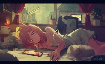 1girl absurdres alternate_costume animal_ear_fluff animal_ears blue_archive blue_eyes blush breasts cat_ears cat_girl cellphone cleavage closed_mouth commentary doll dress earphones halo highres indoors long_hair lying mari_(blue_archive) on_bed on_side orange_hair phone rain rescat small_breasts smartphone solo white_dress yellow_halo