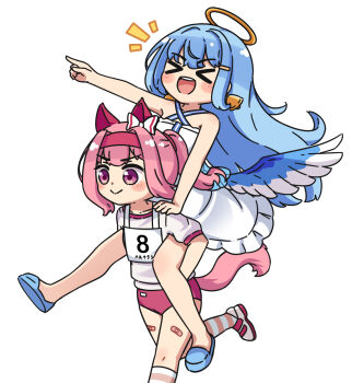 &gt;:) &gt;_&lt; 2girls :d animal_ears bandaid bandaid_on_leg bare_arms bare_shoulders bell bell_earrings blue_hair blue_sandals blue_wings blush_stickers bow buruma carrying closed_eyes closed_mouth commentary criss-cross_halter crossover dress ear_bow earrings feathered_wings frilled_dress frills hair_ornament hairband hairclip halo halterneck haru_urara_(umamusume) highres horse_ears horse_girl horse_tail jewelry kneehighs leah_(shadowverse) long_hair low_wings multiple_girls notice_lines open_mouth original_race_uniform_(umamusume) outstretched_arm piggyback pink_hair pointing ponytail purple_eyes race_bib red_buruma red_hairband rutorifuki sandals shadowverse shadowverse:_worlds_beyond shoes simple_background smile socks striped_clothes striped_socks tail umamusume v-shaped_eyebrows very_long_hair white_background white_bow white_dress white_shoes wings xd