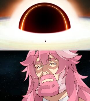 1girl beard black_hole facial_hair gravitational_lens highres hololive hololive_english invincible_(series) kukie-nyan long_hair multicolored_hair omni-man pink_hair raora_panthera scene_reference virtual_youtuber yellow_eyes