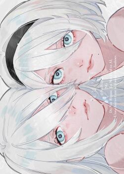 Rule 34 | 2b (nier:automata), 2girls, a2 (nier:automata), absurdres, bare shoulders, black hairband, blue eyes, cheek-to-cheek, closed mouth, eyelashes, grey hair, hair between eyes, hairband, heads together, highres, lips, long hair, looking at viewer, mole, mole under mouth, multiple girls, nier:automata, nier (series), nulvilxii, pink lips, short hair, sideways, twitter username, upper body