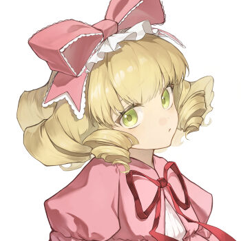 1girl ao_(srge3257) blonde_hair bow chinese_commentary closed_mouth commentary drill_hair green_eyes hair_bow highres hinaichigo looking_at_viewer neck_ribbon pink_bow puffy_sleeves red_ribbon ribbon rozen_maiden short_hair simple_background solo upper_body white_background