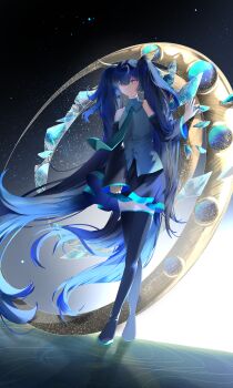 1girl absurdres aqua_necktie bare_shoulders black_skirt black_sleeves black_thighhighs blue_eyes blue_hair closed_mouth commentary_request cosplay detached_sleeves flat_chest full_body grey_sweater_vest hair_ornament hatsune_miku hatsune_miku_(cosplay) highres iuno_(wuthering_waves) long_hair multicolored_hair necktie reflective_floor skirt solo standing streaked_hair sweater_vest thighhighs thighs twintails very_long_hair vocaloid wuthering_waves xing_feng_singfor zettai_ryouiki