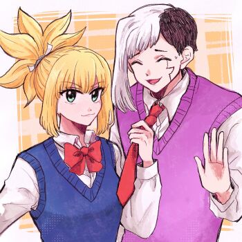 1boy 1girl asagiri_gen black_hair blonde_hair blue_sweater_vest blue_vest bow bowtie closed_eyes clothes_grab collared_shirt danbingkelp dr._stone green_eyes highres kohaku_(dr._stone) long_sleeves looking_at_viewer multicolored_hair necktie necktie_grab neckwear_grab open_mouth ponytail red_bow red_necktie school_uniform shirt smile split-color_hair sweater_vest two-tone_hair vest white_hair white_shirt