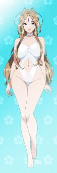 1girl aa_megami-sama absurdres antenna_hair barefoot belldandy blue_background blue_eyes bracelet breasts brown_hair casual_one-piece_swimsuit cleavage clothing_cutout earrings facial_mark forehead_mark full_body highleg highres jewelry large_breasts long_hair looking_at_viewer navel navel_cutout one-piece_swimsuit parted_lips r3dfive smile solo standing swimsuit very_long_hair white_one-piece_swimsuit