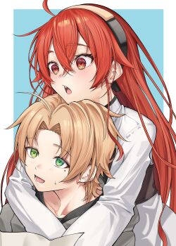 1boy 1girl absurdres ahoge blonde_hair blue_background chin_rest cousins crossed_bangs eris_greyrat green_eyes grey_robe hair_between_eyes hairband hashtag-only_commentary head_on_head head_rest hetero highres hug hug_from_behind long_hair long_sleeves marbo_(saico556) mole mole_under_eye mushoku_tensei open_mouth parted_bangs red_eyes red_hair robe rudeus_greyrat shirt two-tone_background upper_body white_background white_shirt
