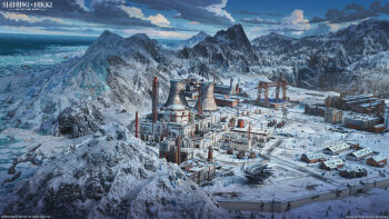 3d arsenixc blue_sky building cloud copyright_name factory highres industrial mountain nikki_(series) no_humans ocean official_art outdoors railroad_tracks scenery shining_nikki sky snow transmission_tower wall winter