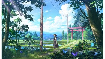 1girl black_hair black_neckerchief black_sailor_collar black_skirt blue_sky bug butterfly cloud cloudy_sky commentary_request day insect neckerchief odaartworks original outdoors path pleated_skirt power_lines rice_paddy road sailor_collar school_uniform shirt short_hair short_sleeves skirt sky solo standing sunlight torii tree utility_pole white_shirt wide_shot