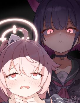 Rule 34 | 2girls, absurdres, ahoge, animal ears, black choker, black hair, black jacket, blue archive, blush, cat ears, cat girl, chinese commentary, choker, closed mouth, colored inner animal ears, colored inner hair, commentary request, green sailor collar, halo, highres, jacket, kazusa (blue archive), long hair, meme, multicolored hair, multiple girls, natsu (blue archive), neckerchief, open mouth, pink eyes, pink hair, pink halo, pink neckerchief, red eyes, sailor collar, sanwenyu juan bing, shaded face, short hair, side ponytail, strangling, two-tone hair