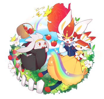 absurdres apple basket blue_shirt bright_pupils bug butterfly choker cinderace closed_mouth clothed_pokemon colaoud commentary_request evolutionary_line fence flower food fruit furry gen_8_pokemon hand_up highres insect korean_commentary nintendo open_mouth pokemon pokemon_(creature) raboot red_eyes scorbunny shirt short_sleeves skirt smile snow_white_and_the_seven_dwarfs_(disney) teeth tongue upper_teeth_only white_flower white_pupils yellow_skirt