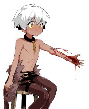 1boy arm_at_side black_collar bleeding blood blood_drip blood_on_arm blood_on_hands blood_splatter blood_spray blood_stain brown_pants bruise bruise_on_arm chain chain_leash character_request check_character collar commentary_request deep_wound etrian_odyssey facing_to_the_side fafnir_no_kishi_(sekaiju) guro impaled injury leash looking_at_hand male_focus on_stool open_hand orange_eyes outstretched_arm pants sekaiju_no_meikyuu sekaiju_no_meikyuu_2 sitting stool suno_(imydream) sweatdrop tan topless_male white_hair