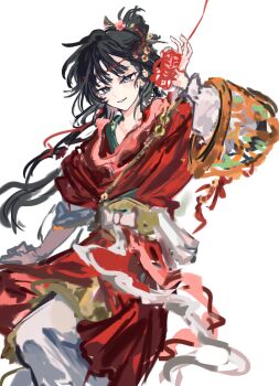 Rule 34 | 1girl, absurdres, arm out of sleeve, black hair, blue eyes, chinese clothes, clothing cutout, energysavingmode29, facial mark, forehead mark, hair branch, hair bun, hair ornament, hand up, hanfu, highres, holding, layered sleeves, long hair, long sleeves, looking at viewer, mole, mole above eye, paper heron, papercutting, parted lips, red hanfu, reverse:1999, short over long sleeves, short sleeves, simple background, smile, solo, white background