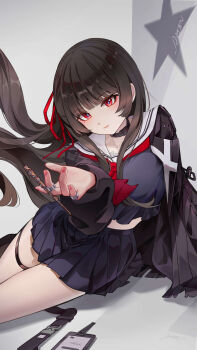 1girl absurdres ai_dongdong black_choker black_hair black_jacket black_serafuku black_skirt breasts chisa_(wuthering_waves) choker closed_mouth commentary food hair_ribbon highres holding holding_food holding_pocky jacket large_breasts long_hair looking_at_viewer mole mole_under_eye neckerchief pocky red_eyes red_neckerchief red_ribbon ribbon sailor_collar school_uniform serafuku skirt solo thigh_strap thighs white_sailor_collar wuthering_waves