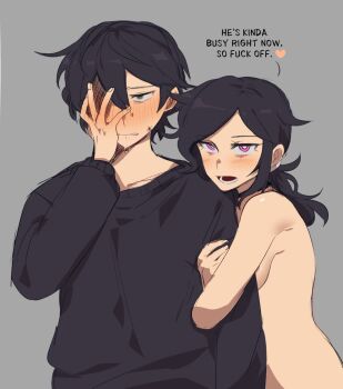 1boy 1girl andrew_graves asagaofool ashley_graves black_sweater blush breasts brother_and_sister commentary covering_face embarrassed english_commentary english_text facepalm green_eyes grey_background highres hug implied_incest looking_at_viewer nude pink_eyes ponytail siblings sweater the_coffin_of_andy_and_leyley