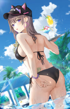 1girl animal_hat ass back bikini black_bikini blush breasts brown_hair cat_hat chain champagne_flute cloud cocktail cocktail_glass cup day drinking_glass drinking_straw earrings hair_between_eyes halterneck hat heart heart_earrings highres imo_norio jewelry long_hair looking_at_viewer looking_back medium_breasts money object_in_clothes object_in_swimsuit open_mouth original outdoors peaked_cap purple_eyes side-tie_bikini_bottom sideboob sky solo splashing string_bikini swimsuit tray tropical_drink tucked_money wading waitress water wet