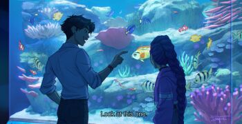 Rule 34 | 1boy, 1girl, aquarium, black hair, bracelet, braid, braided ponytail, clownfish, commentary, coral, crop top, english commentary, english text, fish, highres, jewelry, jinu (kpop demon hunters), kpop demon hunters, rumi (kpop demon hunters), shirt, short hair, signature, smile, surgeonfish, tenyais, white shirt