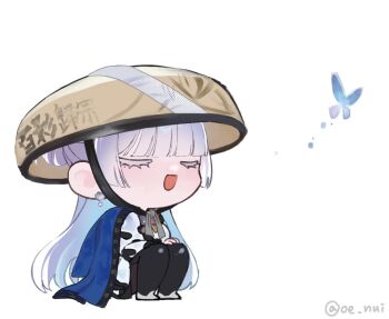1girl blue_hair blunt_bangs brown_hat bug butterfly cape chibi closed_eyes colored_eyelashes earrings full_body goddess_of_victory:_nikke hair_bun hat insect jewelry jingasa long_hair long_sleeves nayuta_(nikke) oe_nui open_mouth simple_background sitting smile solo squatting straw_hat twitter_username white_background white_eyelashes white_hair
