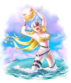 1girl angel angel_girl angel_wings angewomon anklet armpits arms_up barefoot belt belt_buckle bikini blonde_hair blue_sky bra bracelet breasts buckle cleavage cloud collarbone covered_eyes day digimon digimon_(creature) facing_viewer floating_hair full_body hands_up happy helmet helmet_over_eyes holding in_water jewelry kneeling large_breasts laughing long_hair midriff mountain navel nyaromon open_mouth outdoors panties partially_submerged sitting sky smile solo swimsuit teeth tongue underwear water wet white_cloud white_panties wings