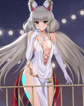 1girl alternate_costume animal_ear_fluff animal_ears artist_name bare_shoulders blush breasts cat_ears cat_girl closed_mouth collarbone commentary detached_sleeves doiparuni dress english_commentary grey_hair highres long_hair looking_at_viewer medium_breasts nia_(blade)_(xenoblade) nia_(xenoblade) night night_sky revealing_clothes signature sky solo standing very_long_hair white_dress white_sleeves xenoblade_chronicles_(series) xenoblade_chronicles_2 yellow_eyes