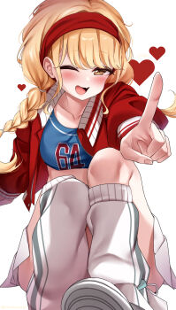 1girl ;d aamesawaa absurdres blonde_hair blue_sports_bra blush braid campus_mode!!_(idolmaster) collarbone commentary_request convenient_leg fang fingernails fujita_kotone gakuen_idolmaster hairband heart highres idolmaster index_finger_raised jacket knees_up long_hair looking_at_viewer loose_socks miniskirt one_eye_closed open_clothes open_jacket open_mouth pointing pointing_at_viewer red_hairband red_jacket sitting skin_fang skirt smile socks solo sports_bra twin_braids white_skirt white_socks yellow_eyes