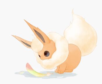 animal_focus feathers fireblast flareon fluffy full_body gen_1_pokemon highres neck_fur nintendo no_humans orange_fur pokemon pokemon_(creature) pokemon_focus rainbow_feather_(pokemon) simple_background solo tail yellow_fur