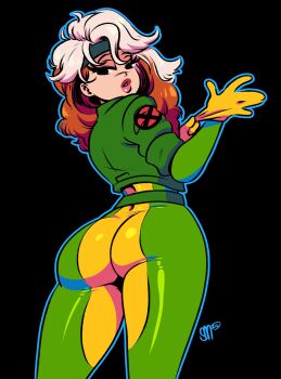 1girl absurdres ass black_background bodysuit brown_hair commentary english_commentary gem green_bodysuit green_jacket highres jacket long_hair looking_at_viewer looking_back marvel multicolored_bodysuit multicolored_hair rogue_(x-men) sgtmadness solo two-tone_bodysuit two-tone_hair white_hair x-men yellow_bodysuit yellow_gem