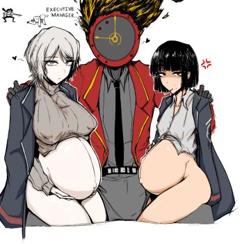 2boys 3girls anger_vein black_hair blue_eyes bob_cut breasts candy clock closed_mouth coat coat_on_shoulders collarbone collared_shirt commentary dante_(limbus_company) english_commentary faust_(project_moon) fire flaming_head food gloves hand_on_another&#039;s_shoulder hand_on_own_stomach heart heathcliff_(project_moon) jacket large_breasts limbus_company lollipop lollipop_in_mouth long_sleeves looking_at_viewer multiple_boys multiple_girls navel necktie no_pants object_head outis_(project_moon) pregnant project_moon ranchsaucy red_coat red_eyes red_necktie ryoshu_(project_moon) shirt short_hair simple_background sitting sitting_on_lap sitting_on_person small_breasts sweater white_background white_hair white_shirt