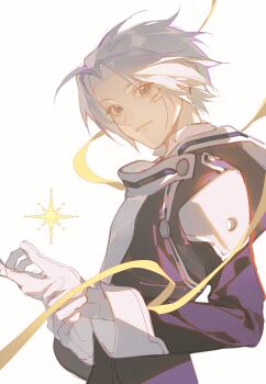 1boy allen_walker black_coat black_order_uniform coat commentary cowboy_shot d.gray-man doupu41 facial_mark highres hood hood_down long_sleeves looking_at_viewer male_focus parted_hair parted_lips sleeve_cuffs smile solo streamers symbol-only_commentary white_background white_hair