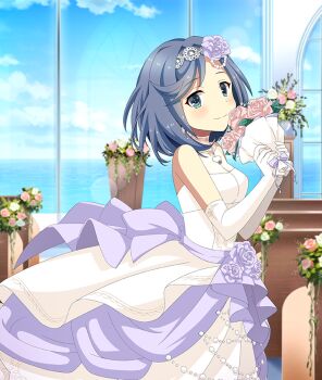 1girl aoto_hina blue_eyes blue_hair blue_sky blush bouquet bow breasts cleavage closed_mouth cloud day dot_nose dress earrings elbow_gloves flower from_side game_cg gloves hair_flower hair_ornament holding holding_bouquet horizon indoors ivy jewelry lens_flare looking_at_viewer looking_to_the_side ocean official_art pew pink_flower pink_rose plant potted_plant purple_bow purple_flower purple_rose reflection rose see-through_cleavage see-through_clothes short_hair sky sleeveless sleeveless_dress small_breasts smile solo string_of_pearls third-party_source toji_no_miko toji_no_miko:_kizamishi_issen_no_tomoshibi vase wedding_dress white_dress white_gloves window