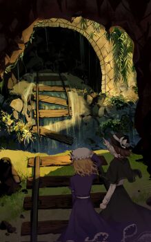 2girls adjusting_clothes adjusting_headwear black_capelet black_skirt blonde_hair broken brown_hair capelet darkness fedora foliage from_behind hat highres juliet_sleeves long_sleeves maribel_hearn mob_cap multiple_girls muyacuo16 nature outdoors overgrown pointing puffy_sleeves purple_shirt purple_skirt railroad_tracks ruins shirt skirt touhou tunnel upper_body usami_renko water waterfall white_shirt