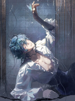 Rule 34 | 1boy, absurdres, black pants, blue hair, brant (wuthering waves), bug, butterfly, chinese commentary, closed eyes, commentary request, crown of thorns, high-waist pants, highres, insect, luren393, male focus, open clothes, open shirt, pants, pectoral cleavage, pectorals, shirt, thorns, tile wall, tiles, toned, toned male, white shirt, wuthering waves