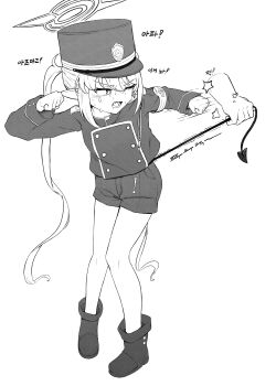 1girl 1other 743_(743rd_bat) absurdres armband blue_archive boots buttons clenched_hands demon_tail double-breasted full_body greyscale halo hat highres jacket long_hair long_sleeves looking_back monochrome nozomi_(blue_archive) one_eye_closed open_mouth peaked_cap pointy_ears shorts simple_background solo_focus tail tail_pull tearing_up twintails very_long_hair white_background