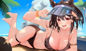 1girl :d a_o_1016 absurdres ahoge animal_ears armpits bangle barefoot bikini black_bikini black_hair bracelet breasts cleavage cloud collarbone commentary_request day feet feet_up hair_between_eyes hand_on_headwear highres horse_ears horse_girl jewelry kitasan_black_(umamusume) large_breasts looking_at_viewer lying on_stomach open_mouth outdoors palm_tree red_eyes short_hair smile solo swimsuit the_pose thigh_strap tree umamusume visor_cap white_hair