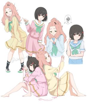 Rule 34 | 2girls, 3:, ;d, absurdres, aqua neckerchief, back-to-back, bangs pinned back, bare legs, barefoot, black hair, black socks, blue sailor collar, blush, bow, brown hair, cardigan, casyu nut, cropped torso, freckles, from side, full body, hair bow, hair ornament, hibike! euphonium, highres, hisaishi kanade, holding, holding own hair, kenzaki ririka, kitauji high school uniform, long hair, long sleeves, multiple girls, neckerchief, one eye closed, open mouth, pink shirt, pink skirt, playing with own hair, pointing, red bow, red eyes, sailor collar, school uniform, shared speech bubble, shirt, shoes, short hair, short sleeves, signature, simple background, skirt, smile, socks, speech bubble, spoken squiggle, squiggle, star (symbol), star hair ornament, string, string of fate, summer uniform, twitter username, uwabaki, wavy mouth, white background, white sailor collar, white shoes, winter uniform, yellow cardigan, yellow eyes, yellow skirt