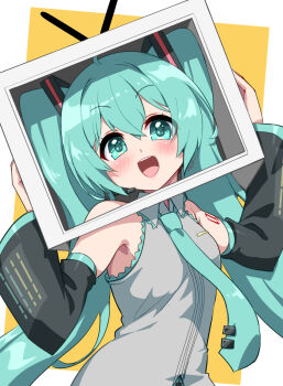 Rule 34 | 1girl, antennae, aqua eyes, aqua hair, aqua necktie, bare shoulders, black sleeves, blush, border, box on head, collared shirt, commentary, cosplay, detached sleeves, 2024 niconico cyberattack, grey shirt, hair ornament, hands up, hatsune miku, headset, highres, holding monitor, kouki kuu, long hair, looking at viewer, necktie, niconico, open mouth, outside border, rabbit ears antenna, shirt, shoulder tattoo, simple background, sleeveless, sleeveless shirt, smile, solo, tattoo, teeth, television, terebi-chan, terebi-chan (cosplay), tie clip, triangle mouth, twintails, twitter username, upper body, upper teeth only, variant set, very long hair, vocaloid, white border, yellow background