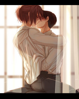 1boy 1girl alternate_costume black_hair black_pants brown_hair commentary_request couple glasses hange_zoe highres kiss letterboxed levi_(shingeki_no_kyojin) long_sleeves pants round_eyewear shingeki_no_kyojin shirt short_hair sitting sitting_on_lap sitting_on_person suzu_(mjje0txjdsyxovk) white_shirt